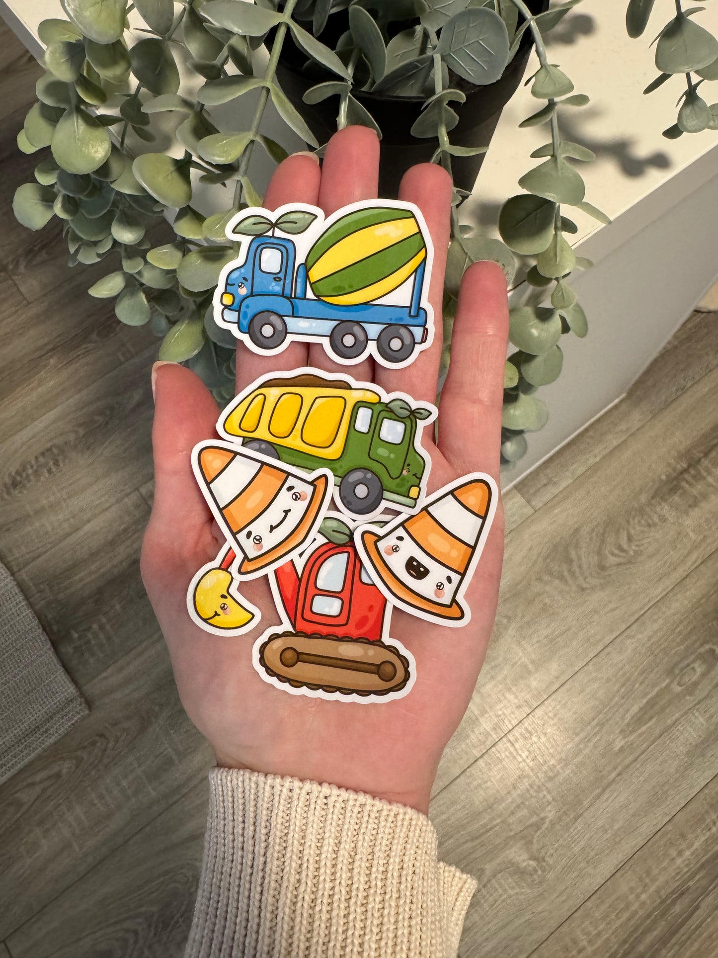 Sticker Baustellenfahrzeuge kawaii Bagger, Kipplaster, Hütchen und Zementmischer